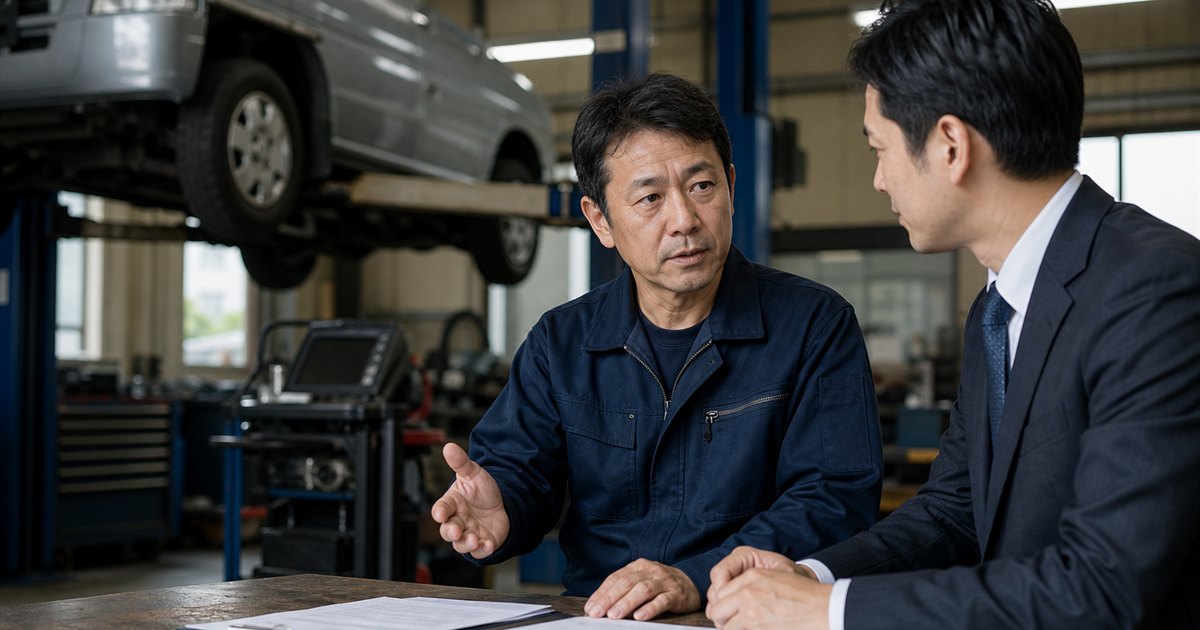 狭山市の自動車整備工場で事業承継について話し合う経営者とM&Aアドバイザー