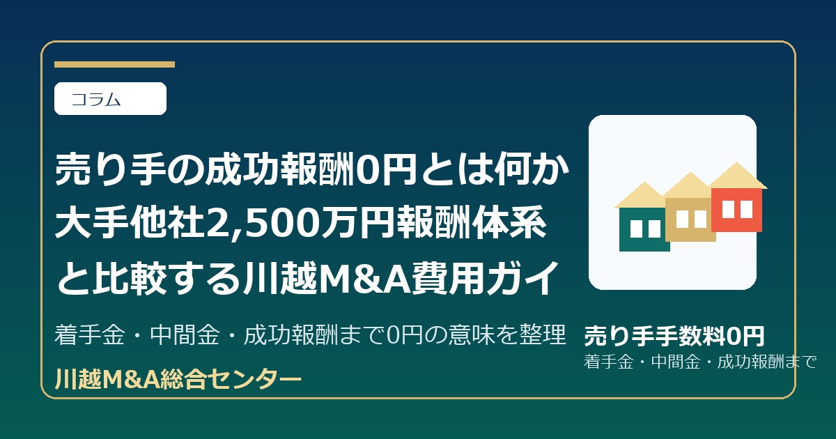 売り手の成功報酬0円とは何か 大手他社2,500万円報酬体系と比較する川越M&A費用ガイドのアイキャッチ画像